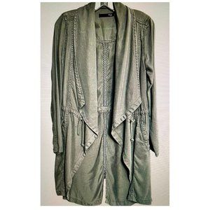 MAX JEANS ARMY GREEN UTILITY JACKET LONG LINED DRAPED DRAWSTRING WAIST SIZE S